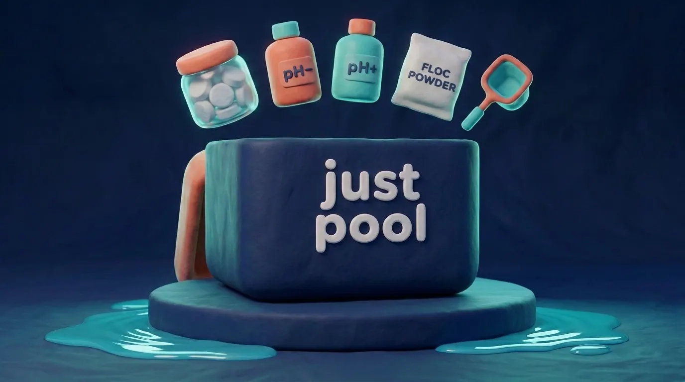 Geöffnete justpool.ai Box, darüber schweben Chlortabs, pH-Regulierer, Flockmittel und Skimmer-Zubehör