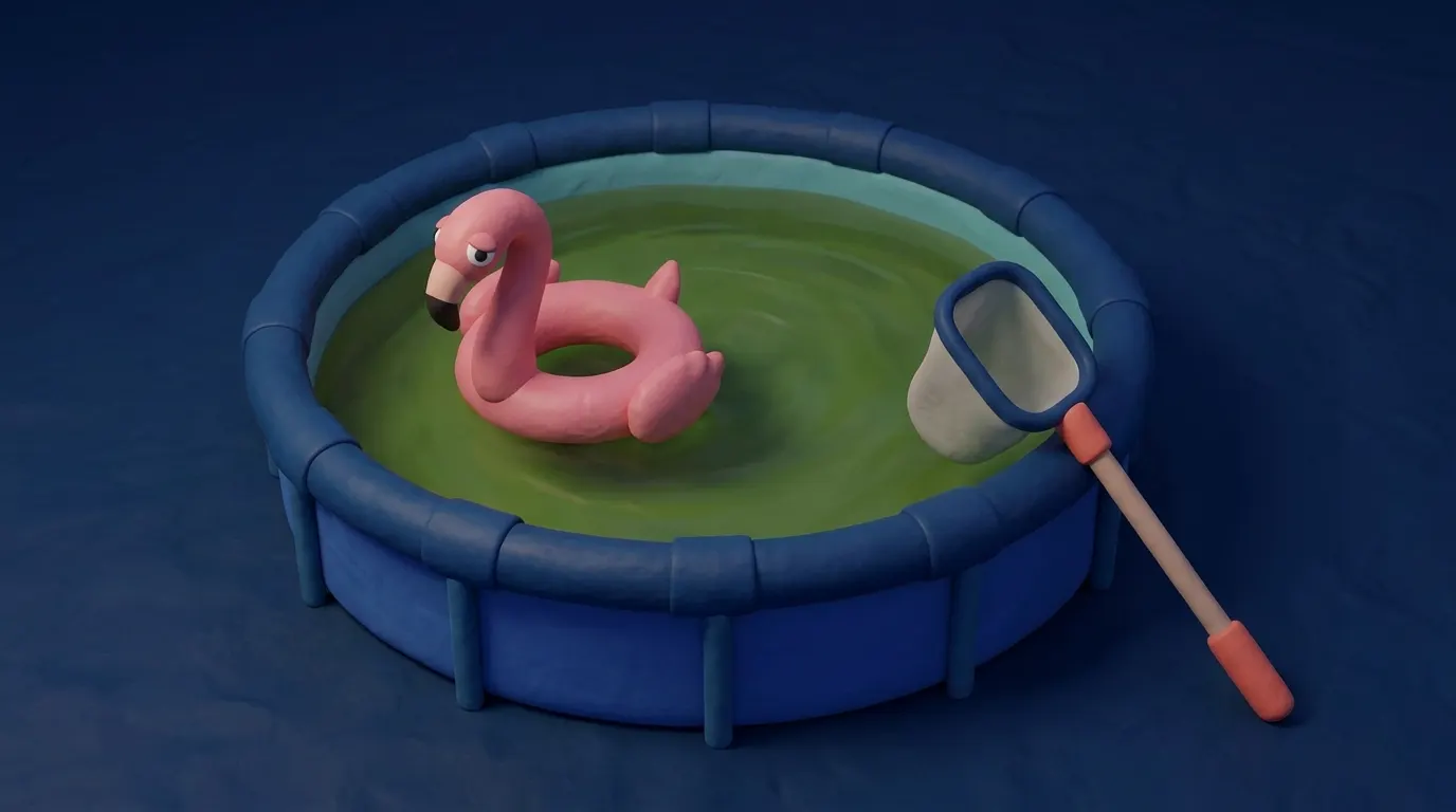 Soft-Clay-Illustration: ein trüb-grün gekippter Aufstellpool, davor ein trauriger aufblasbarer Flamingo